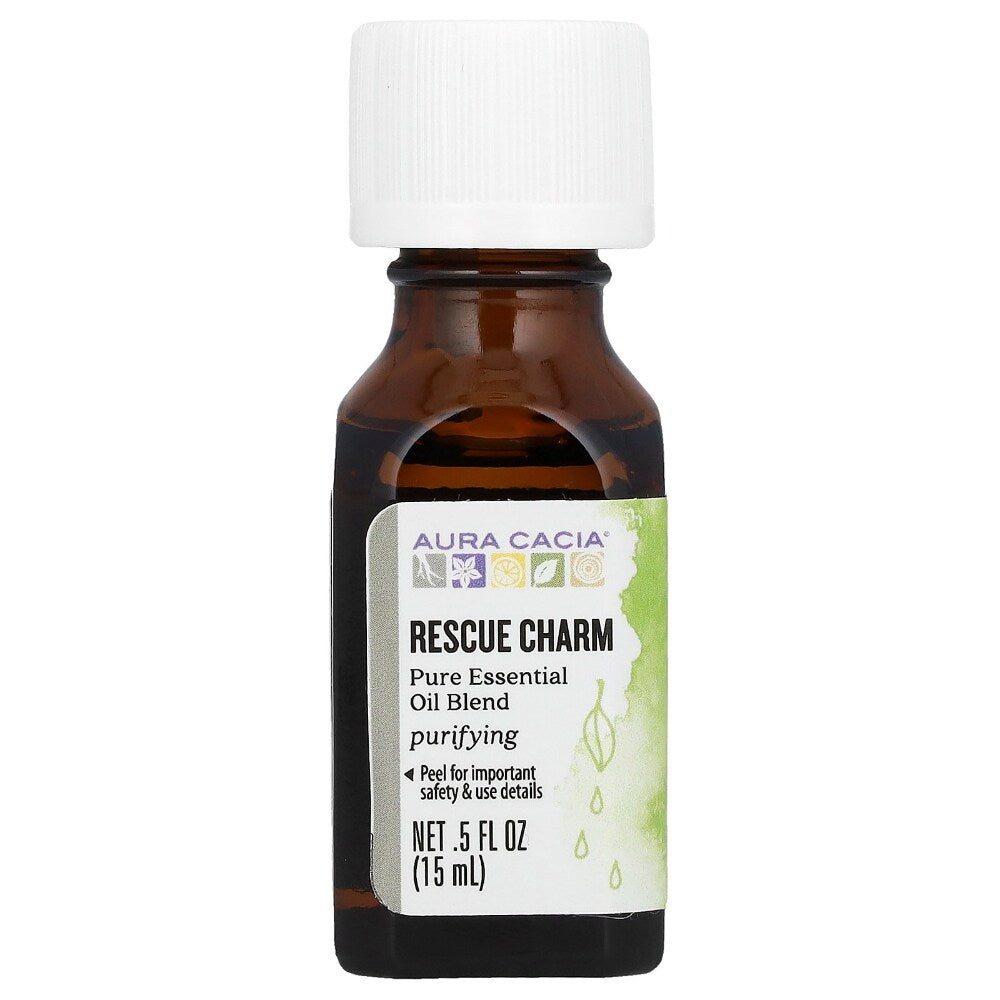 Aura Cacia Rescue Charm Essential Oil Blend 0.5 fl oz, labeled bottle.