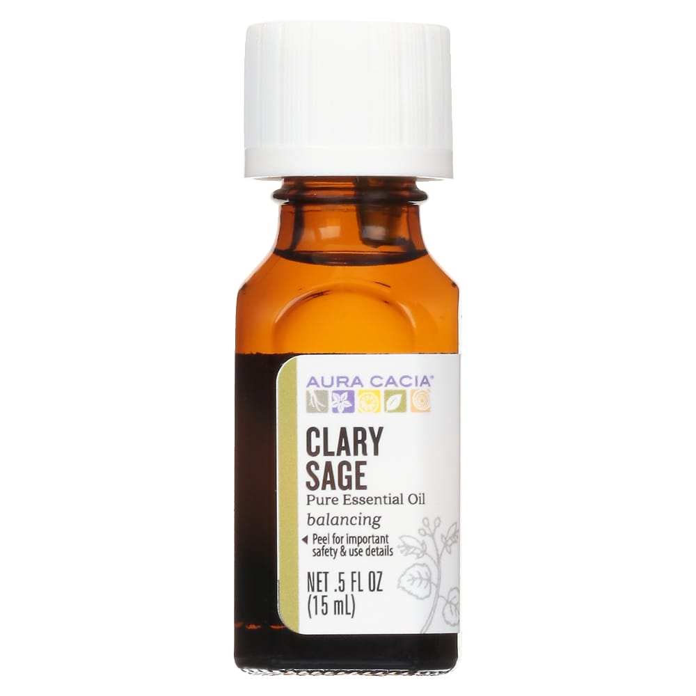 Aura Cacia Clary Sage Essential Oil 0.5 fl oz, labeled bottle.