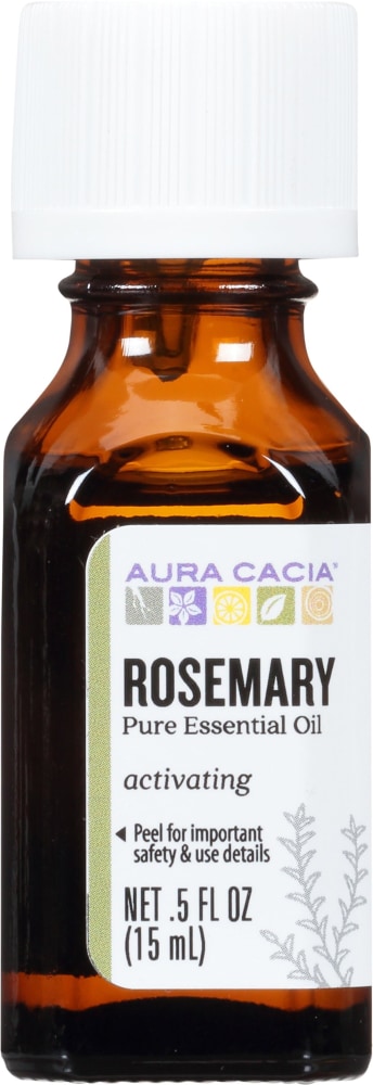 Aura Cacia Rosemary Essential Oil 0.5 fl oz, labeled bottle.