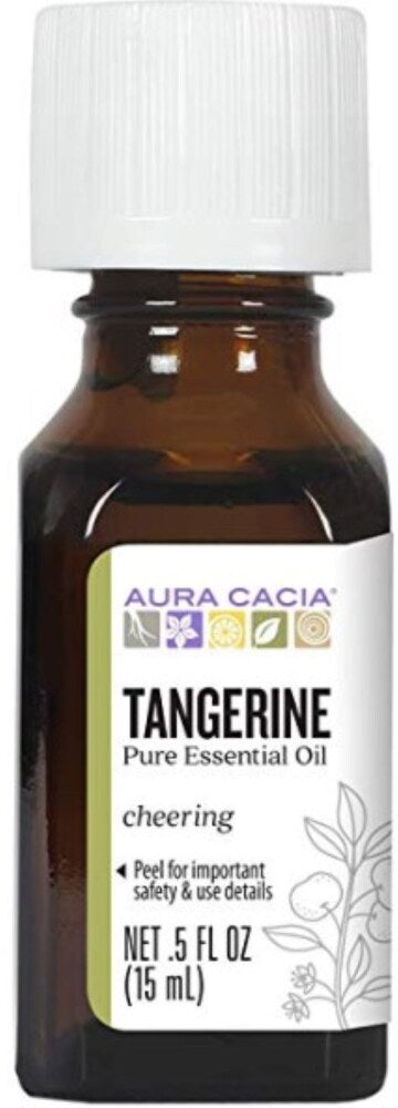 Aura Cacia Tangerine Essential Oil 0.5 fl oz, labeled bottle.