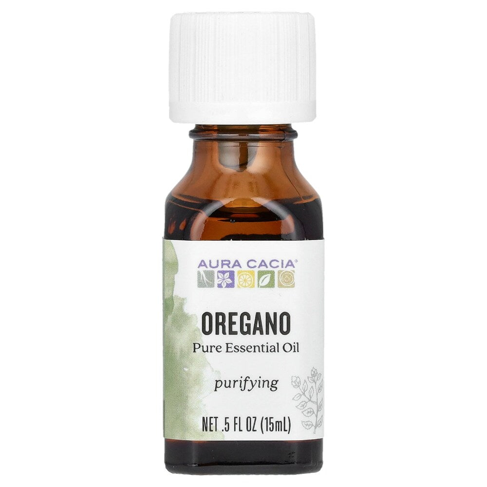 Aura Cacia Oregano Essential Oil 0.5 fl oz, labeled bottle.