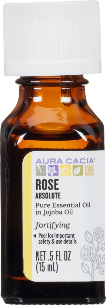 Aura Cacia Rose Absolute in jojoba oil 0.5 fl oz, labeled bottle.