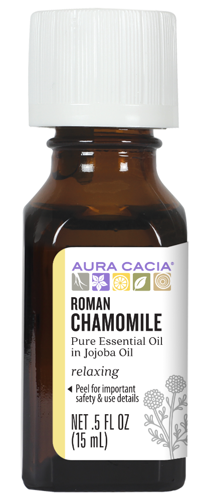 Aura Cacia Roman Chamomile in jojoba oil 0.5 fl oz, labeled bottle.