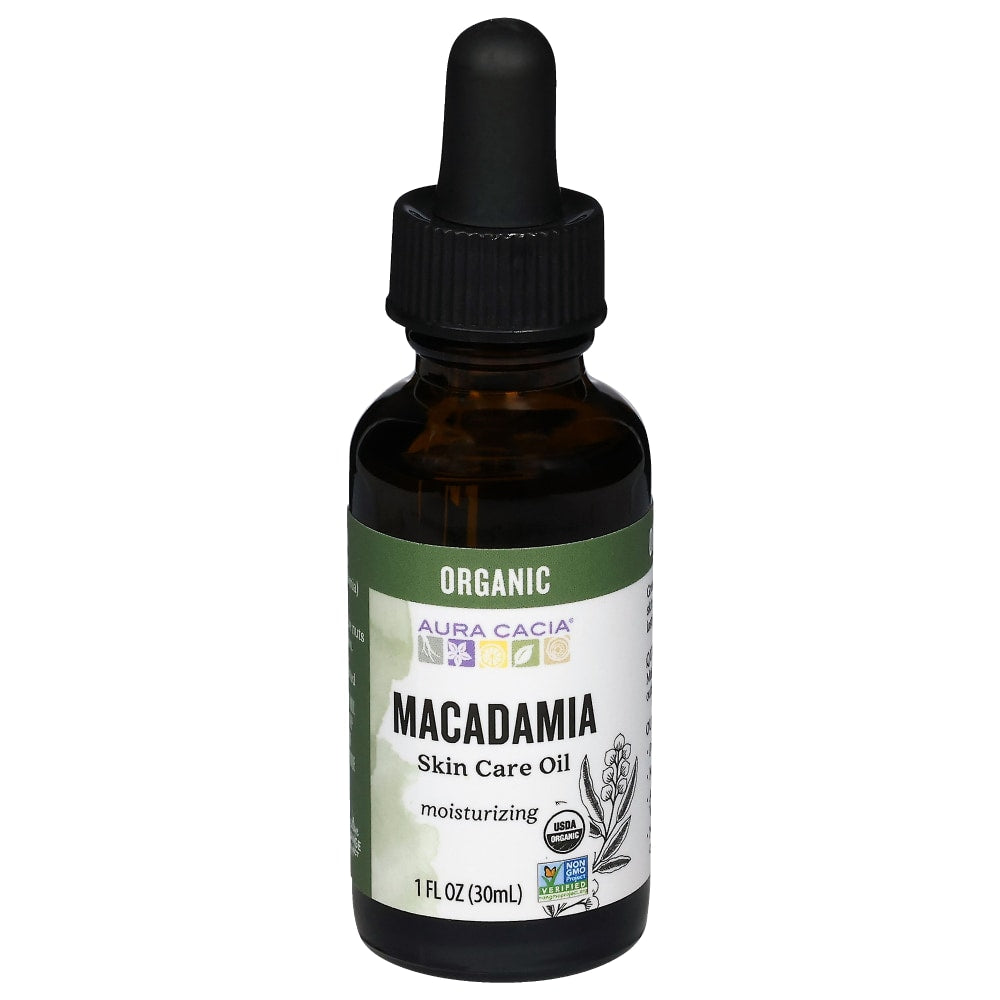 Aura Cacia Macadamia Skin Care Oil 1 fl oz, labeled bottle.