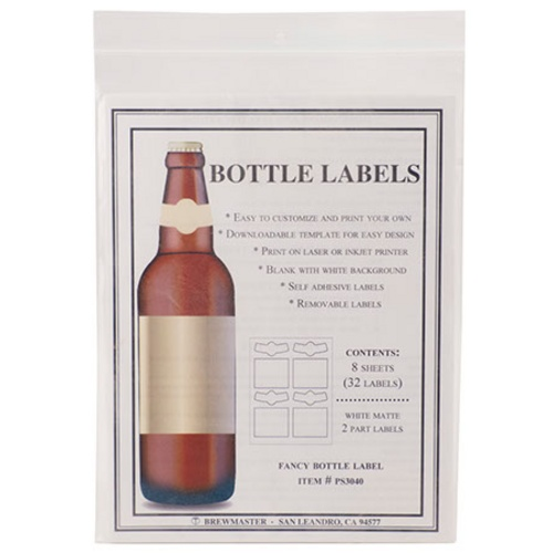 Package of blank two-part bottle labels showing bottle body and neck label layout