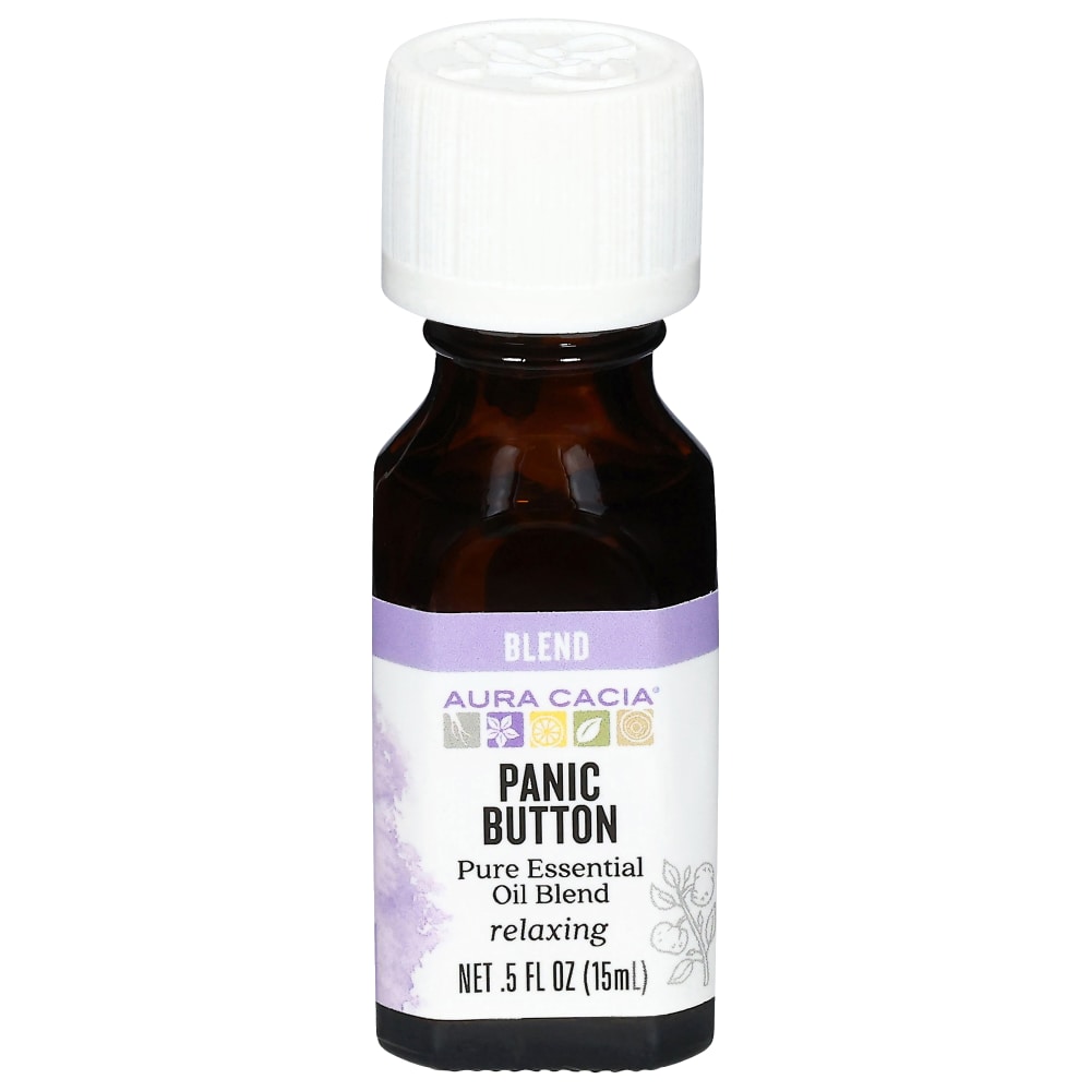 Aura Cacia Panic Button Essential Oil 0.5 fl oz, labeled bottle.