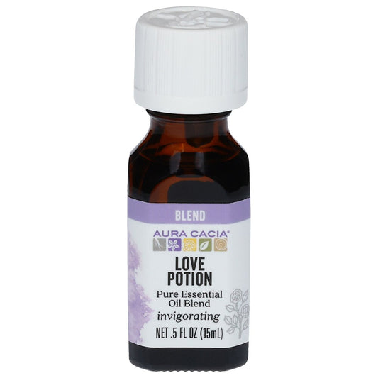Aura Cacia Love Potion Essential Oil 0.5 fl oz, labeled bottle.