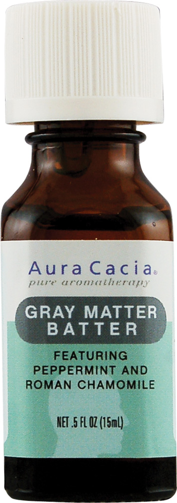 Aura Cacia Gray Matter Batter Essential Oil 0.5 fl oz, labeled bottle.