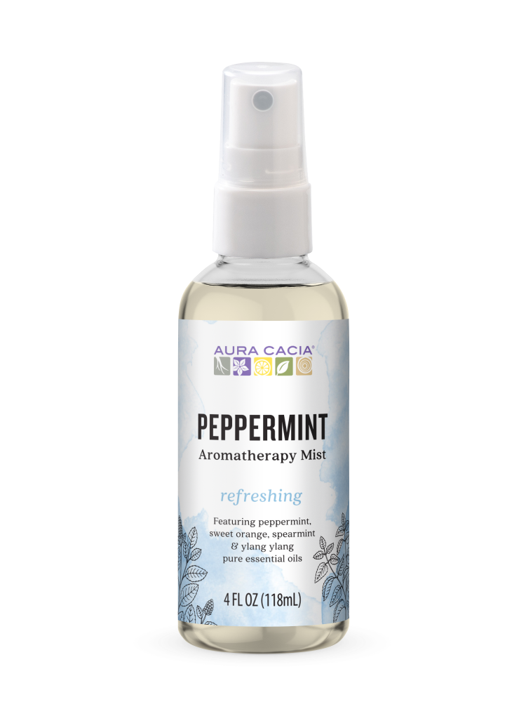 Aura Cacia Peppermint Aromatherapy Mist 4 fl oz, labeled bottle.