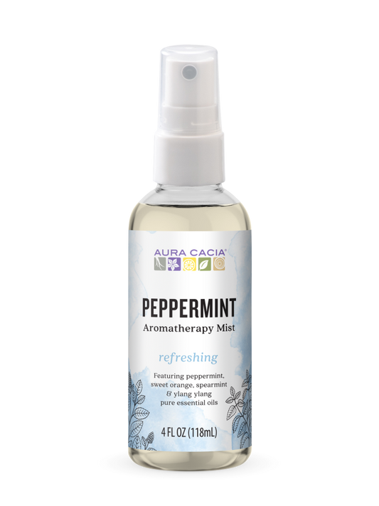 Aura Cacia Peppermint Aromatherapy Mist 4 fl oz, labeled bottle.