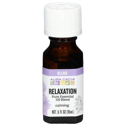 Aura Cacia Relaxation Essential Oil Blend 0.5 fl oz, labeled bottle.