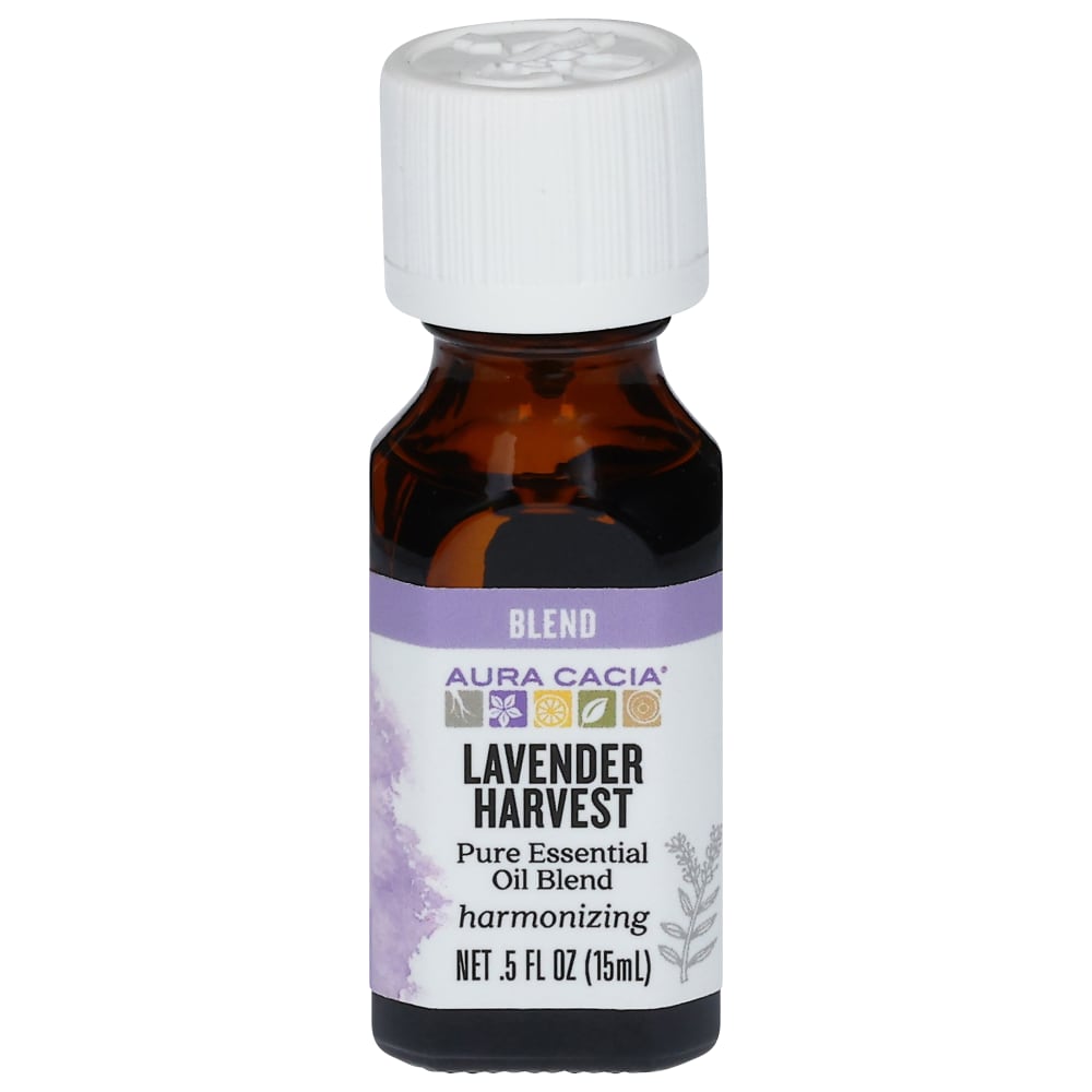 Aura Cacia Lavender Harvest Essential Oil Blend 0.5 fl oz, labeled bottle.