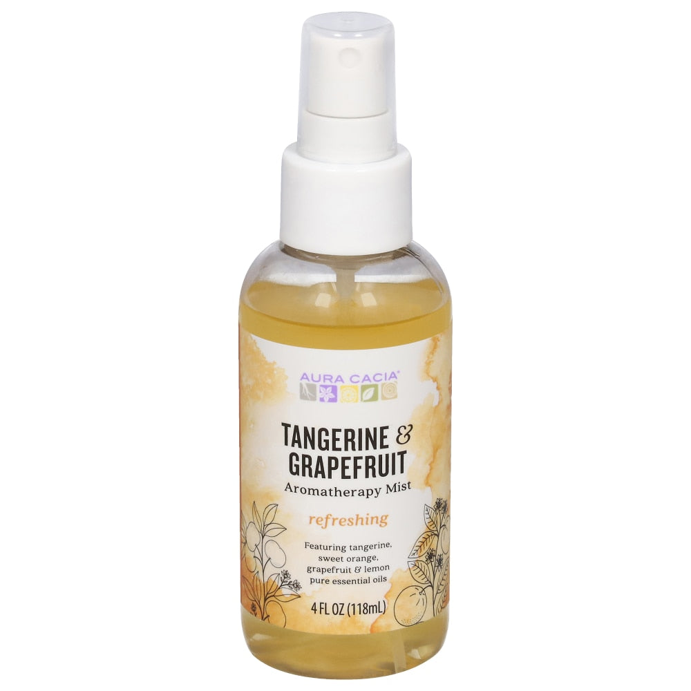 Aura Cacia Tangerine & Grapefruit Aromatherapy Mist 4 fl oz, labeled bottle.