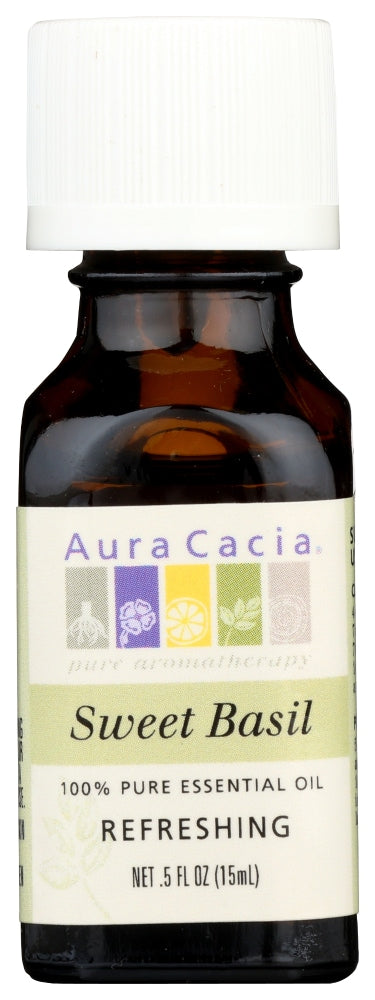Aura Cacia Sweet Basil Essential Oil 0.5 fl oz, labeled bottle.