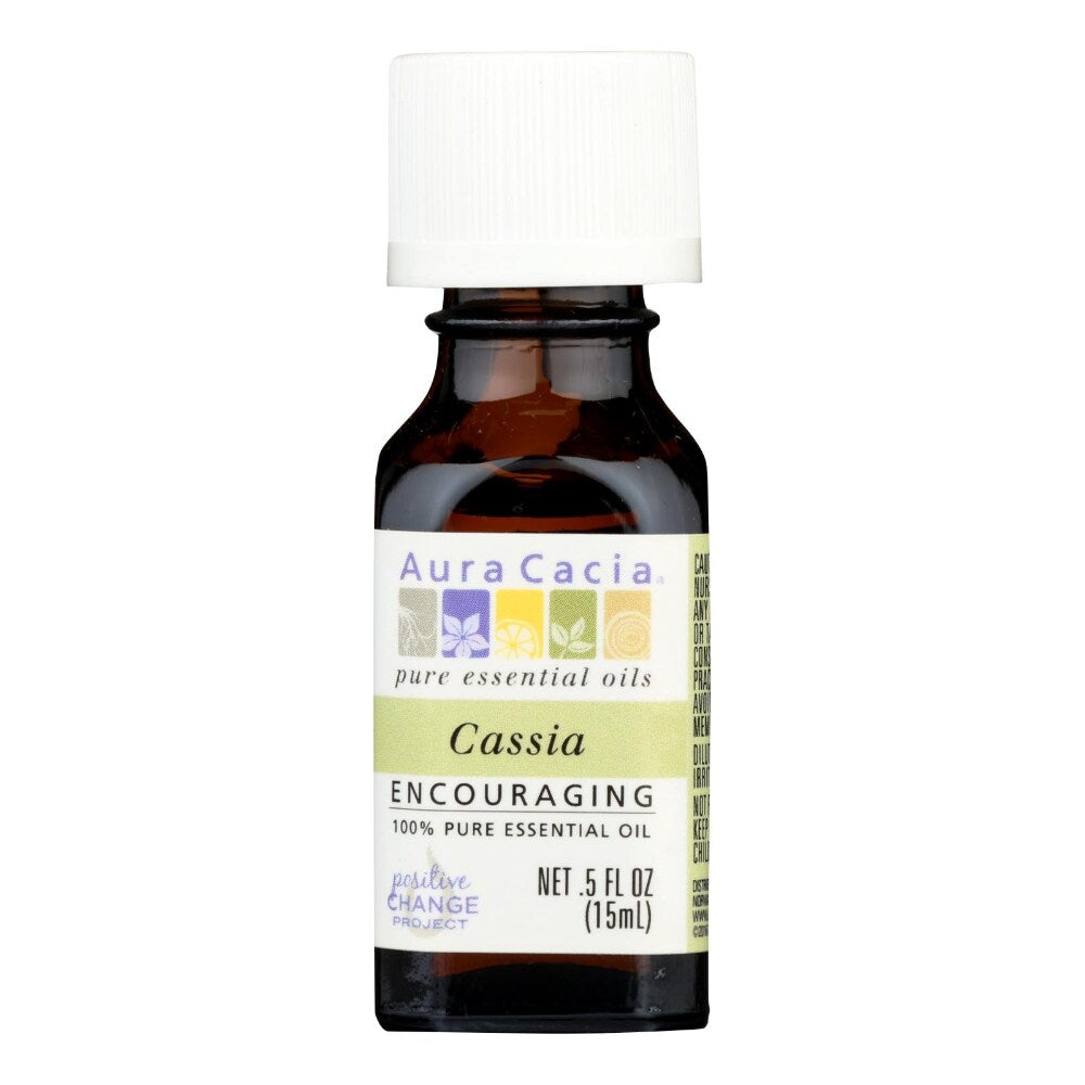Aura Cacia Cassia (Cinnamon) Essential Oil 0.5 fl oz, labeled bottle.