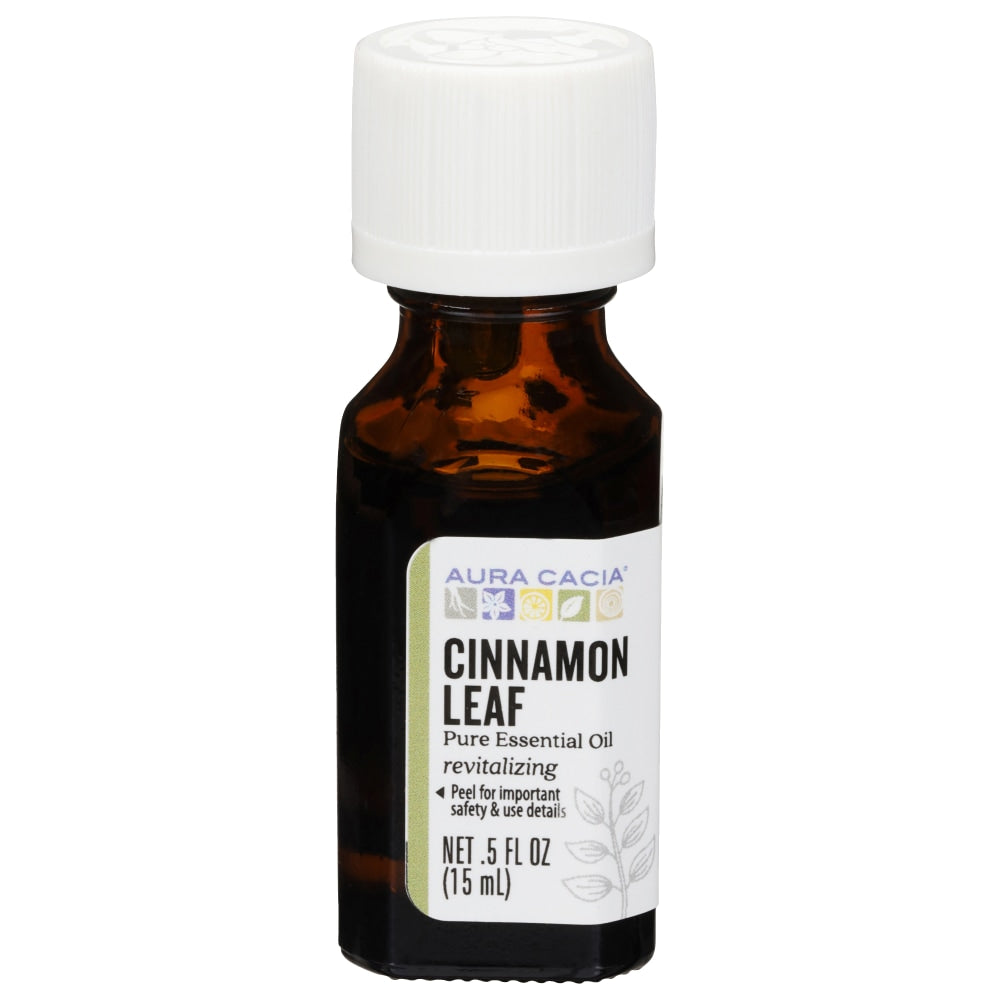 Aura Cacia Cinnamon Leaf Essential Oil 0.5 fl oz, labeled bottle.