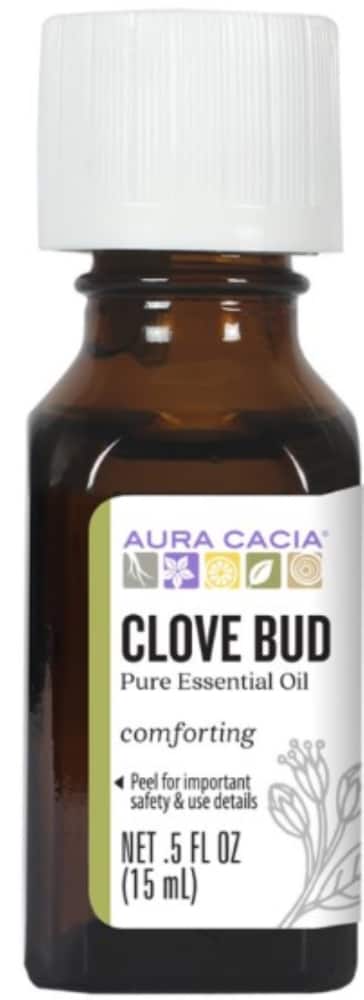 Aura Cacia Clove Bud Essential Oil 0.5 fl oz, labeled bottle.