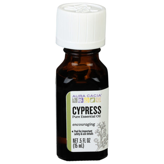 Aura Cacia Cypress Essential Oil 0.5 fl oz, labeled bottle.