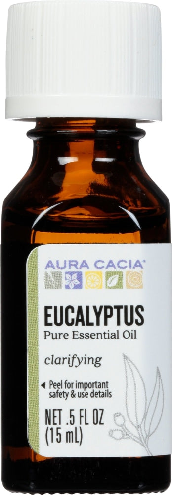 Aura Cacia Eucalyptus (globulus) Essential Oil 0.5 fl oz, labeled bottle.