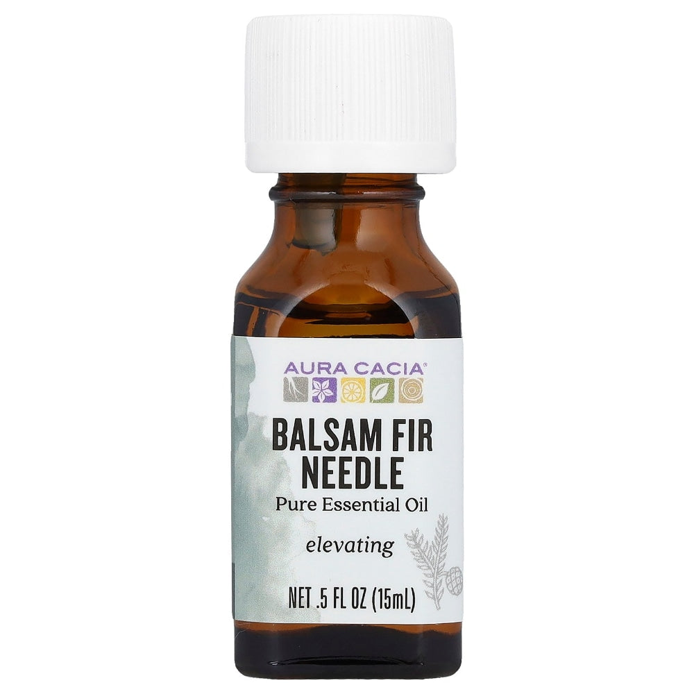 Aura Cacia Balsam Fir Needle Essential Oil 0.5 fl oz, labeled bottle.