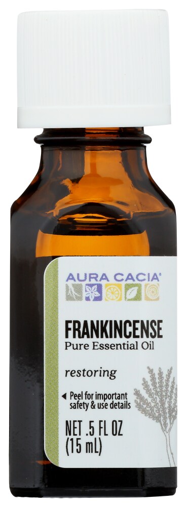 Aura Cacia Frankincense Essential Oil 0.5 fl oz, labeled bottle.
