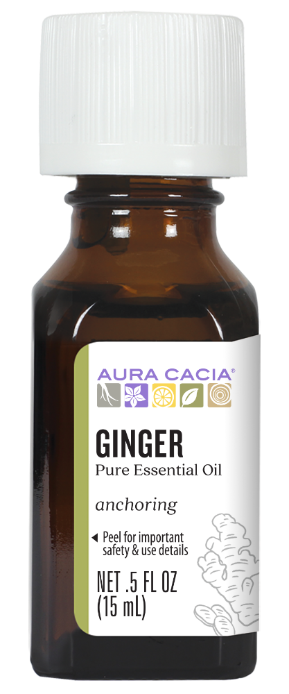 Aura Cacia Ginger Essential Oil 0.5 fl oz, labeled bottle.