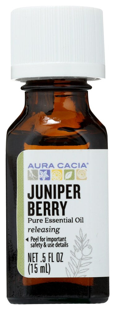 Aura Cacia Juniper Berry Essential Oil 0.5 fl oz, labeled bottle.