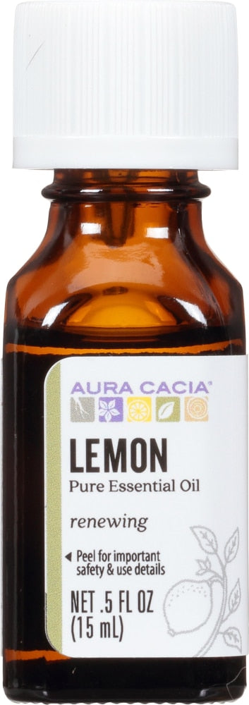 Aura Cacia Lemon Essential Oil 0.5 fl oz, labeled bottle.