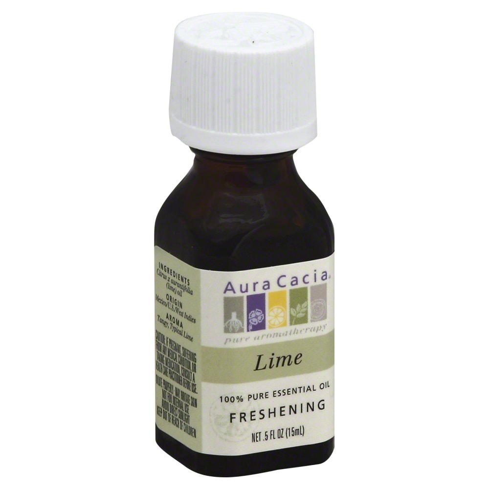 Aura Cacia Lime Essential Oil 0.5 fl oz, labeled bottle.