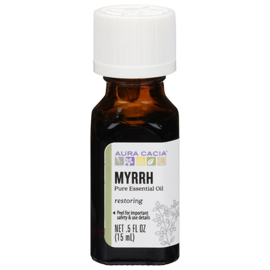 Aura Cacia Myrrh Essential Oil 0.5 fl oz, labeled bottle.