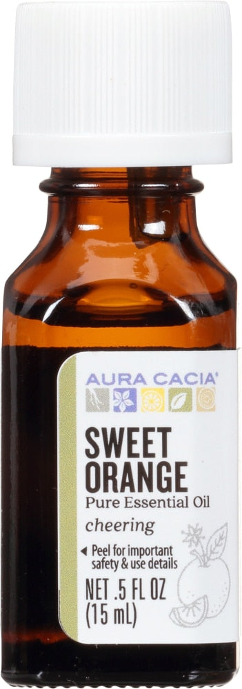 Aura Cacia Sweet Orange Essential Oil 0.5 fl oz, labeled bottle.