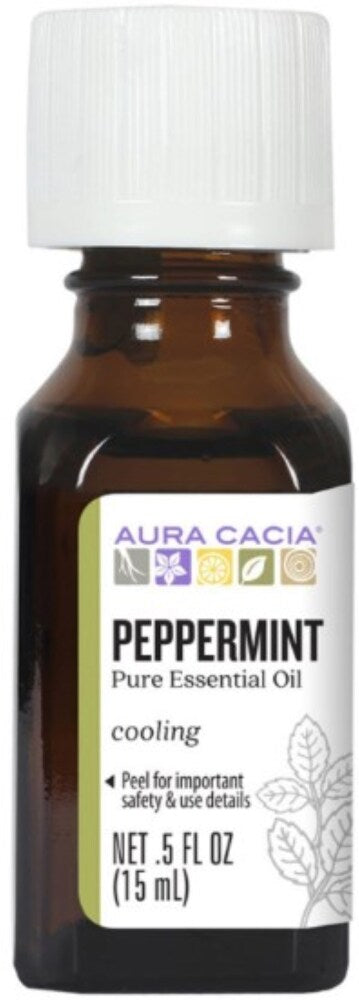 Aura Cacia Peppermint Essential Oil 0.5 fl oz, labeled bottle.