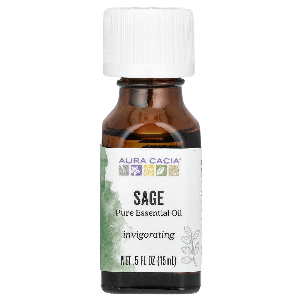 Aura Cacia Sage Essential Oil 0.5 fl oz, labeled bottle.