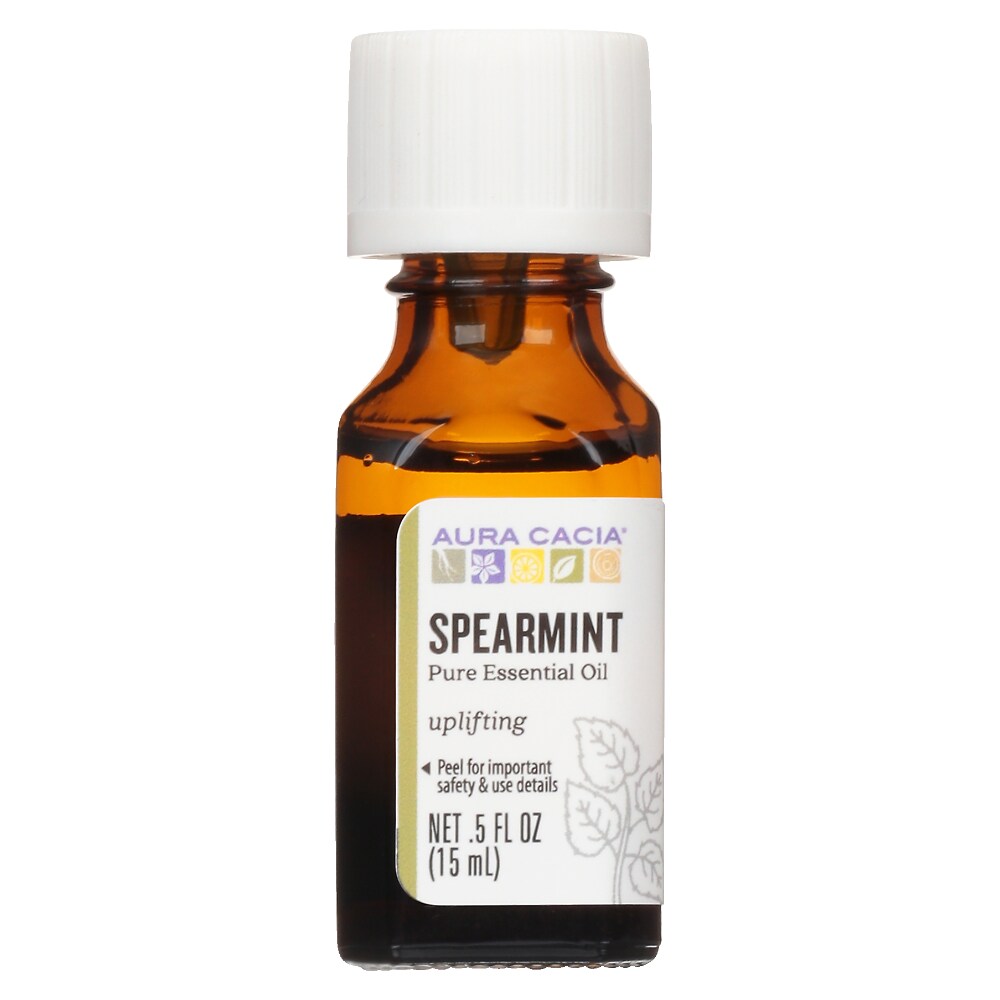 Aura Cacia Spearmint Essential Oil 0.5 fl oz, labeled bottle.