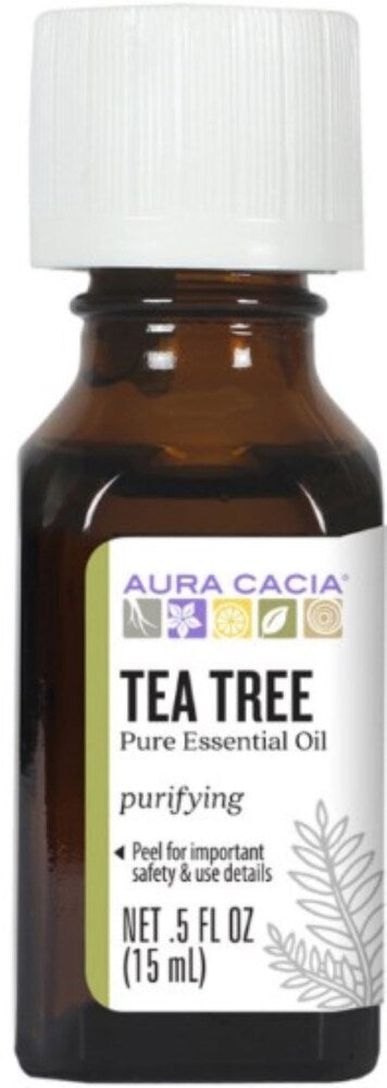 Aura Cacia Tea Tree Essential Oil 0.5 fl oz, labeled bottle.