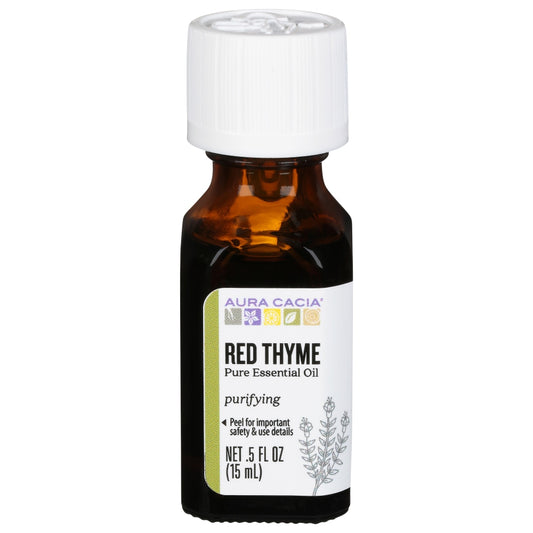 Aura Cacia Red Thyme Essential Oil 0.5 fl oz, labeled bottle.