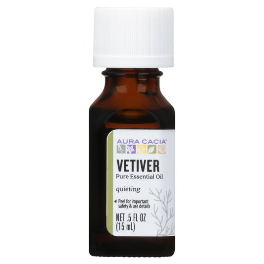 Aura Cacia Vetiver Essential Oil 0.5 fl oz, labeled bottle.