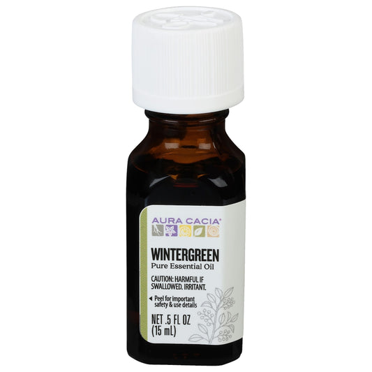 Aura Cacia Wintergreen Essential Oil 0.5 fl oz, labeled bottle.