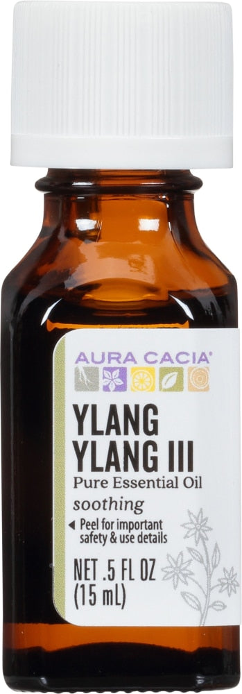 Aura Cacia Ylang Ylang III Essential Oil 0.5 fl oz, labeled bottle.