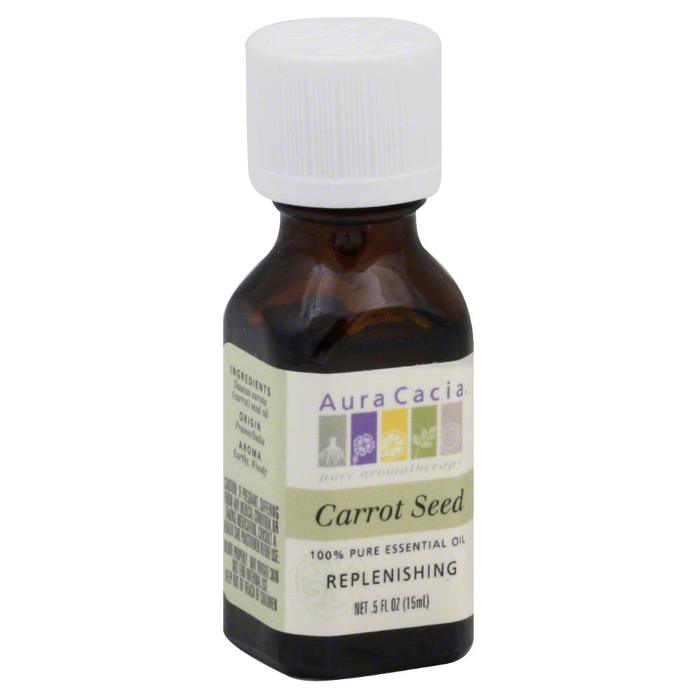 Aura Cacia Carrot Seed Essential Oil 0.5 fl oz, labeled bottle.