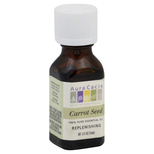 Aura Cacia Carrot Seed Essential Oil 0.5 fl oz, labeled bottle.