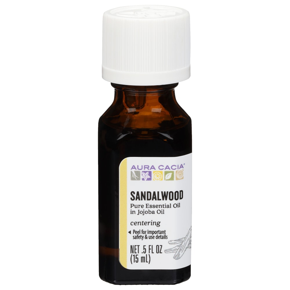 Aura Cacia Sandalwood in jojoba oil 0.5 fl oz, labeled bottle.