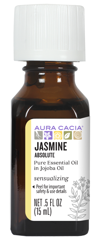 Aura Cacia Jasmine Absolute in jojoba oil 0.5 fl oz, labeled bottle.