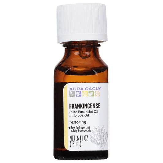 Aura Cacia Frankincense in jojoba oil 0.5 fl oz, labeled bottle.