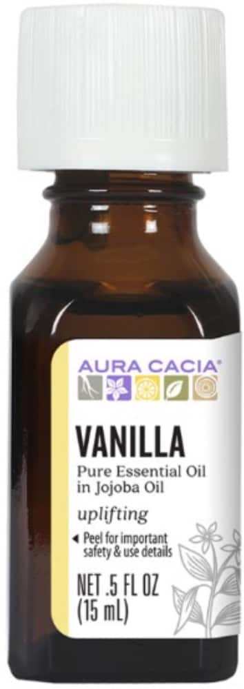 Aura Cacia Vanilla in jojoba oil 0.5 fl oz, labeled bottle.