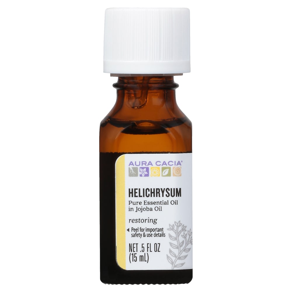Aura Cacia Helichrysum in jojoba oil 0.5 fl oz, labeled bottle.