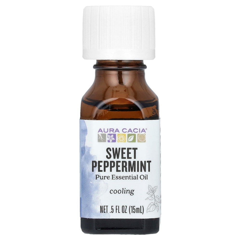 Aura Cacia Sweet Peppermint Essential Oil 0.5 fl oz, labeled bottle.