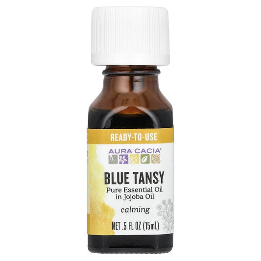 Aura Cacia Blue Tansy Essential Oil in Jojoba Oil 0.5 fl oz, labeled bottle.