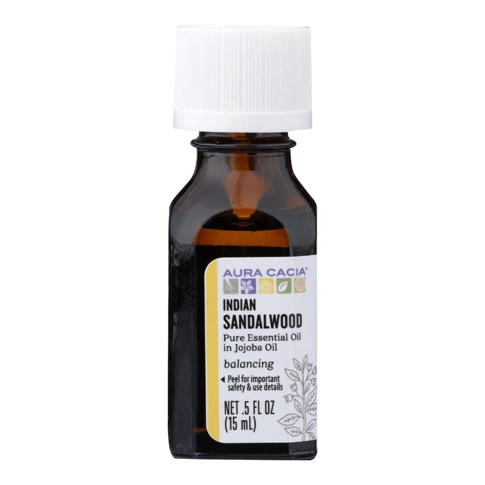 Aura Cacia Indian Sandalwood Essential Oil in Jojoba Oil 0.5 fl oz, labeled bottle.