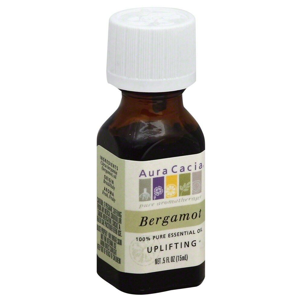 Aura Cacia Bergamot Essential Oil 0.5 fl oz, labeled bottle.